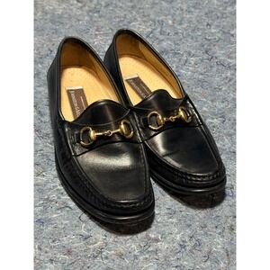 Johnston & Murphy Mens 7.5 Black Leather Loafers Horsebit Buckle Made in Italy